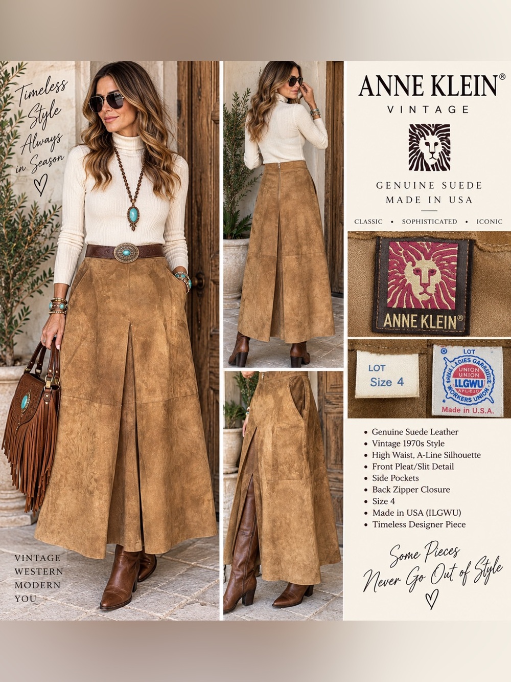 Vintage 70s Anne Klein Suede Leather Maxi Skirt Brown USA Union Made Sz 4